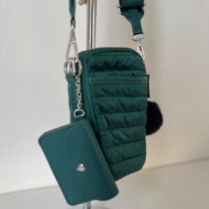 Green Mini Puffer Crossbody Bag Set w/ Card Holder & Pom Pom